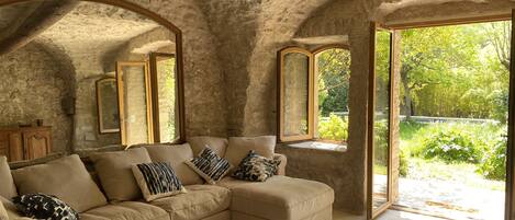 TV, fireplace, books