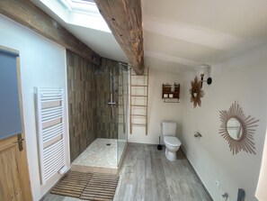 Een douche, een haardroger, handdoeken, toiletpapier
