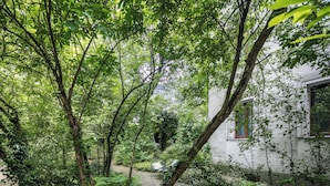 A garden with a white building, a hammock, and dense foliage. - Garden House Apartments (Kraków)