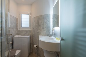 Hair dryer, towels, toilet paper