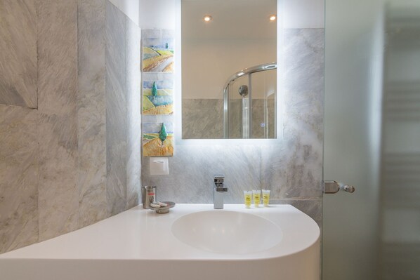 Hair dryer, towels, toilet paper