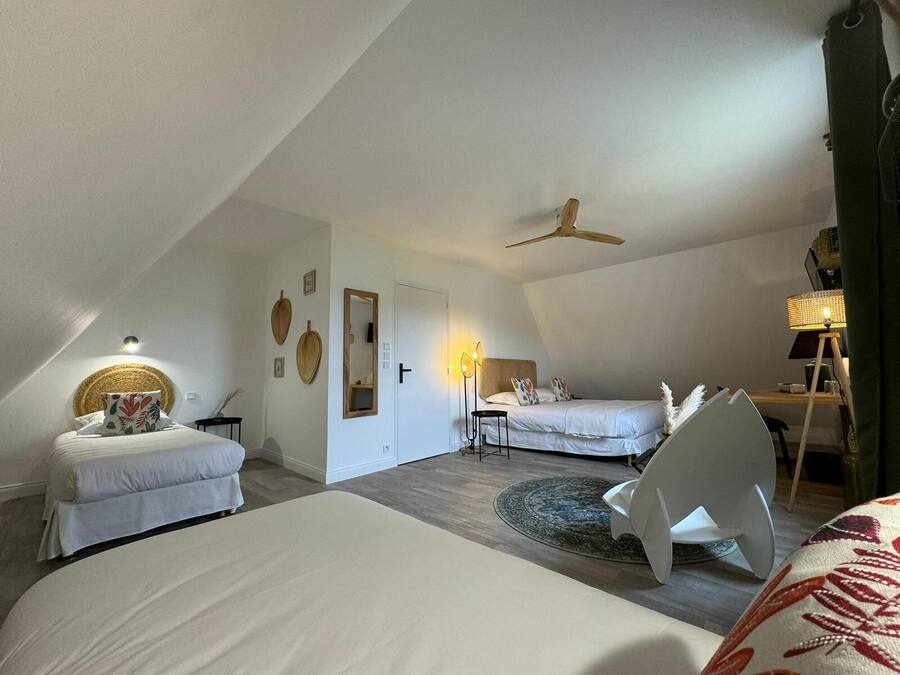 A spacious loft bedroom with a sloped ceiling, a ceiling fan, a large bed, a smaller bed, a desk, and a chair.