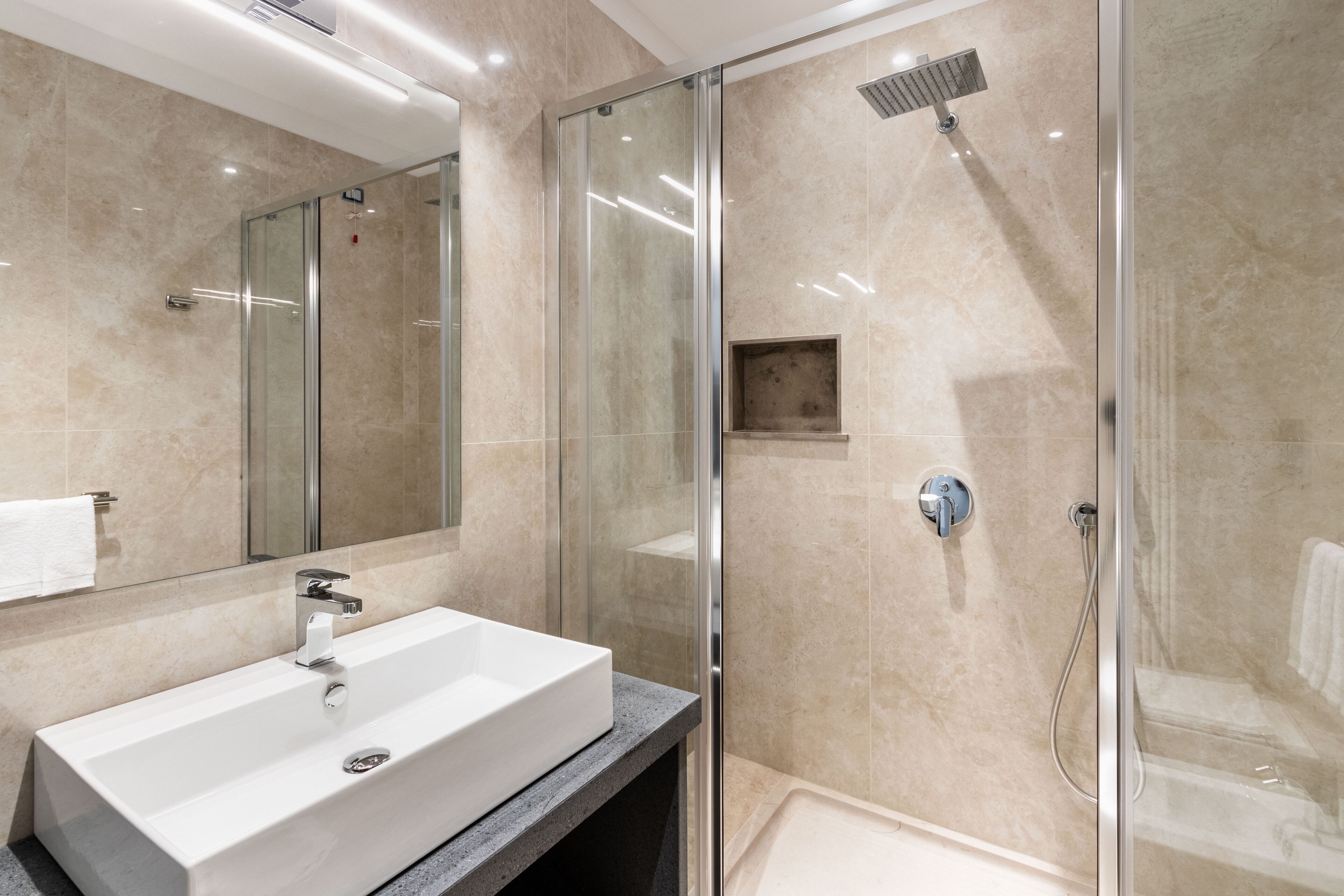 Une salle de bain moderne avec un grand lavabo blanc, une douche en verre et une petite étagère.