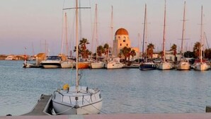 Un port de plaisance où sont amarrés de nombreux voiliers, un bâtiment imposant surmonté d’un dôme en arrière-plan, et des palmiers qui bordent la promenade en bord de mer.