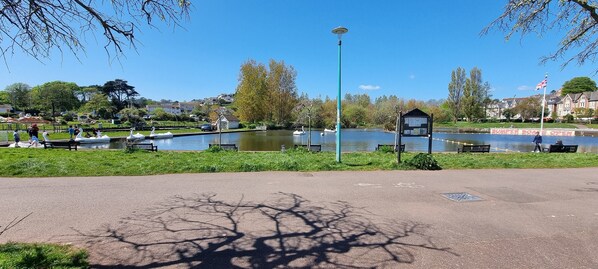 Ein Park mit Teich, Bänken, schwäneähnlichen Booten und einem kleinen Pavillon.