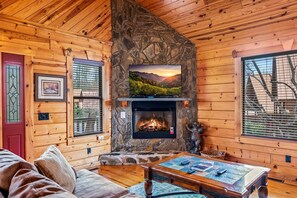 Een televisie, een open haard en een dvd-speler