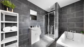 Shower, towels, soap, toilet paper