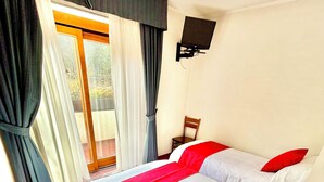 Une chambre d’hôtel avec un grand lit, une chaise, un téléviseur et une vue sur l’extérieur.