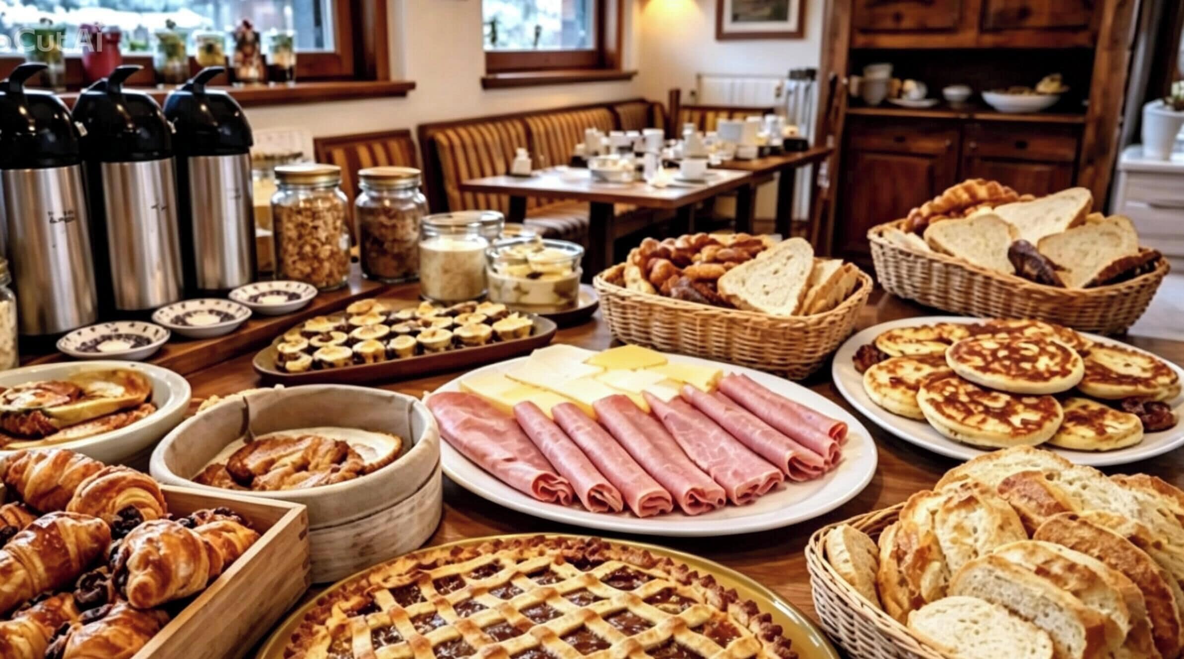 Ein Frühstücksbuffet mit verschiedenen Speisen, darunter Gebäck, Brot und ein Kuchen.
