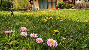 Une maison en bois dotée d’un balcon, entourée d’un jardin où poussent différentes sortes de fleurs.