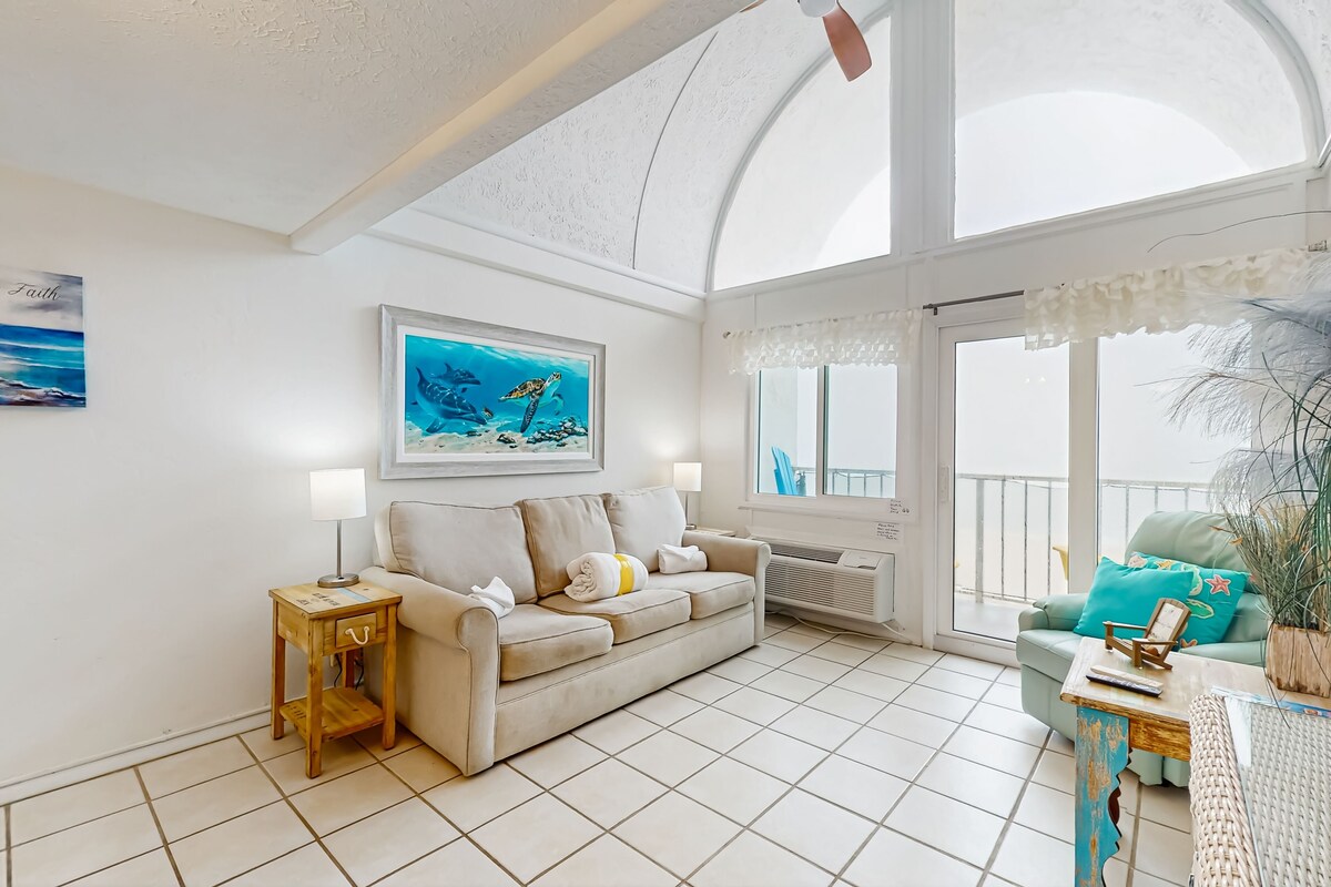 Dog-friendly beachfront condo with pool, hot tub, AC, & Gulf views