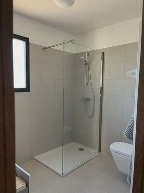 Un box de ducha con paredes de vidrio, un inodoro y un perchero en un baño.