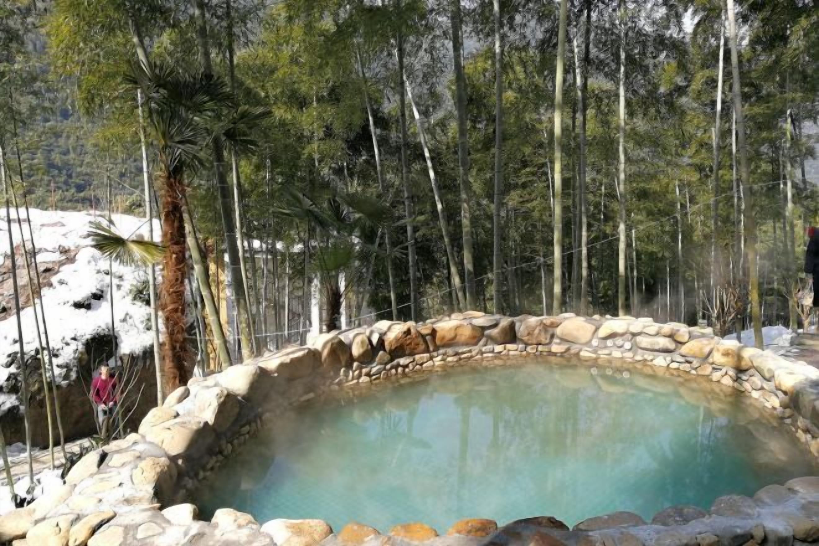 A natural hot spring surrounded by rocks and trees.