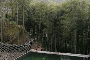 Una piscina rodeada de altos árboles de bambú, con una escalera de piedra que desciende hacia el agua.