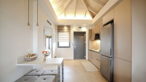 A modern kitchen with a built-in refrigerator, a microwave, and a countertop. - Almyres Luxurious Residences  (Argos-Mykines)