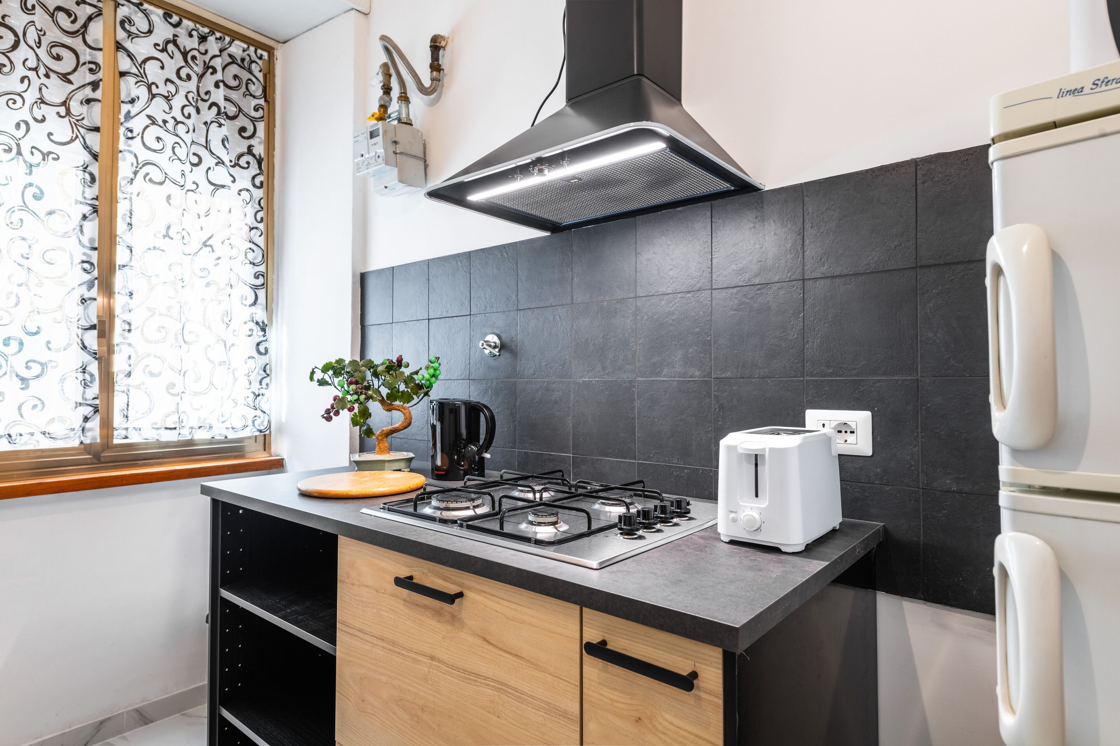 Kühlschrank, Mikrowelle, Herdplatte, Toaster