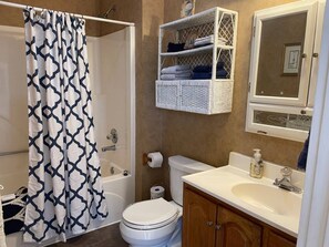 Hair dryer, towels, soap, shampoo
