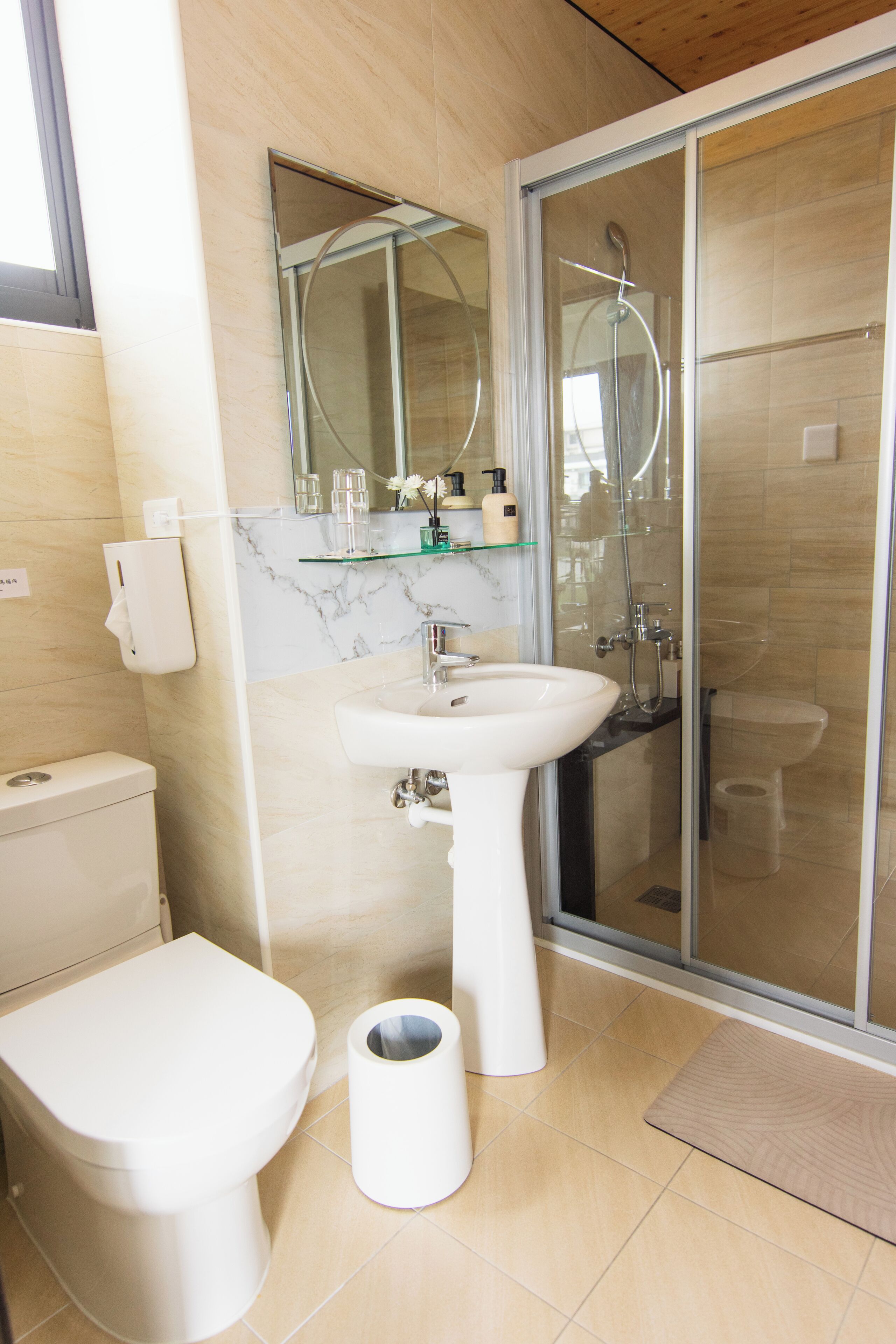 Shower, rainfall showerhead, hair dryer, soap