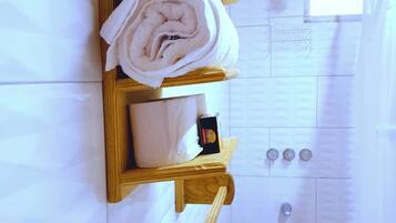 Shower, towels, soap, shampoo