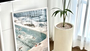 Fotografía enmarco de la playa Bondi, una planta en maceta y una mesa blanca en una habitación con ventana y cortinas.