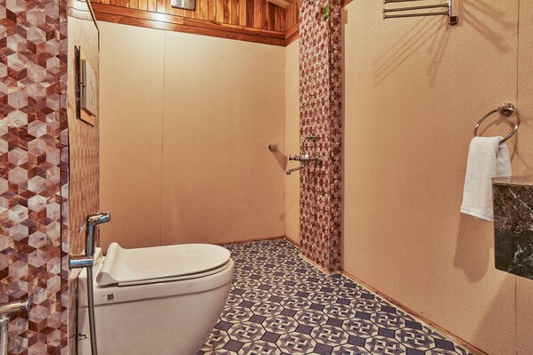 A bathroom with a toilet, shower, and patterned floor tiles.