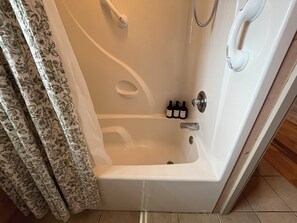 Hair dryer, towels, soap, shampoo