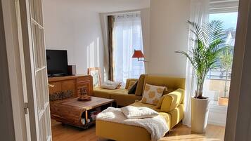 Een televisie, een dvd-speler, boeken en een muziekbibliotheek