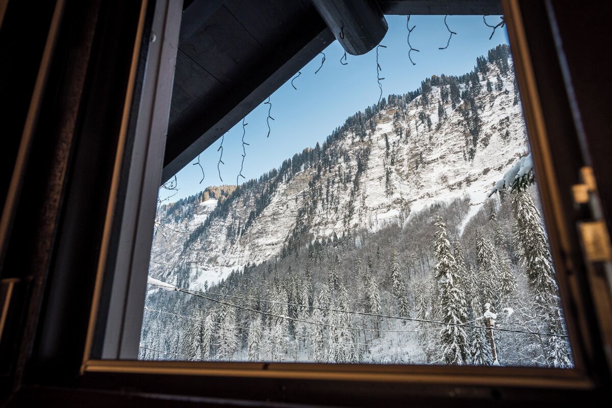 Une vue par la fenêtre sur un paysage montagneux enneigé, avec des arbres et un ciel dégagé.
