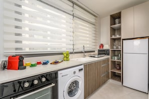 Fridge, microwave, oven, coffee/tea maker