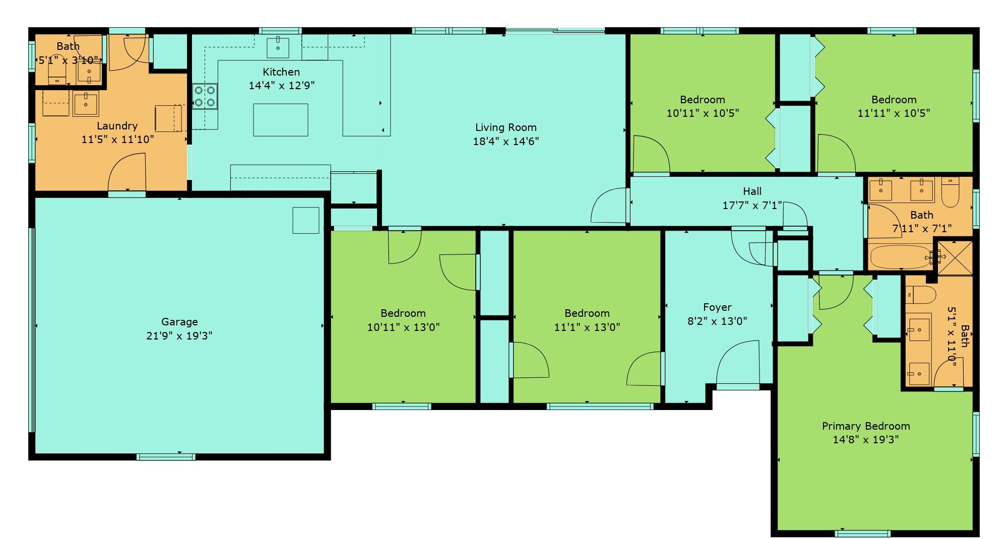 A floor plan of a house with a garage, two bedrooms, a living room, a kitchen, a bathroom, and a foyer.