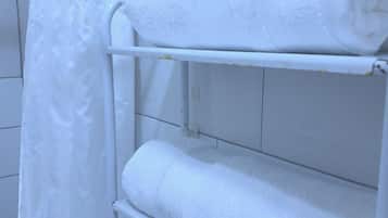 Shower, towels, soap, toilet paper