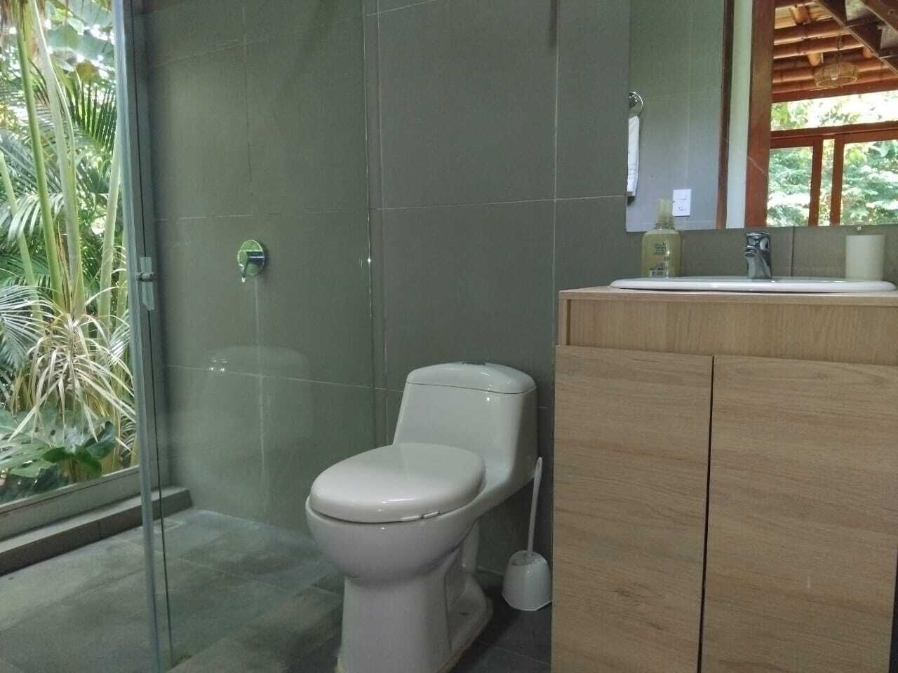 A modern bathroom with a toilet, a sink, and a shower area.