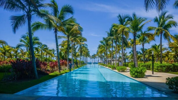 A long, narrow swimming pool with palm trees on both sides, surrounded by well-maintained greenery.