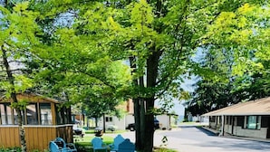 Ein Motel mit einer kleinen Außen-Sitzgelegenheit und einem Baum, der Schatten spendet.