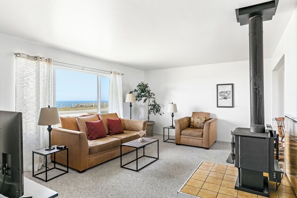 TV, fireplace, DVD player, books