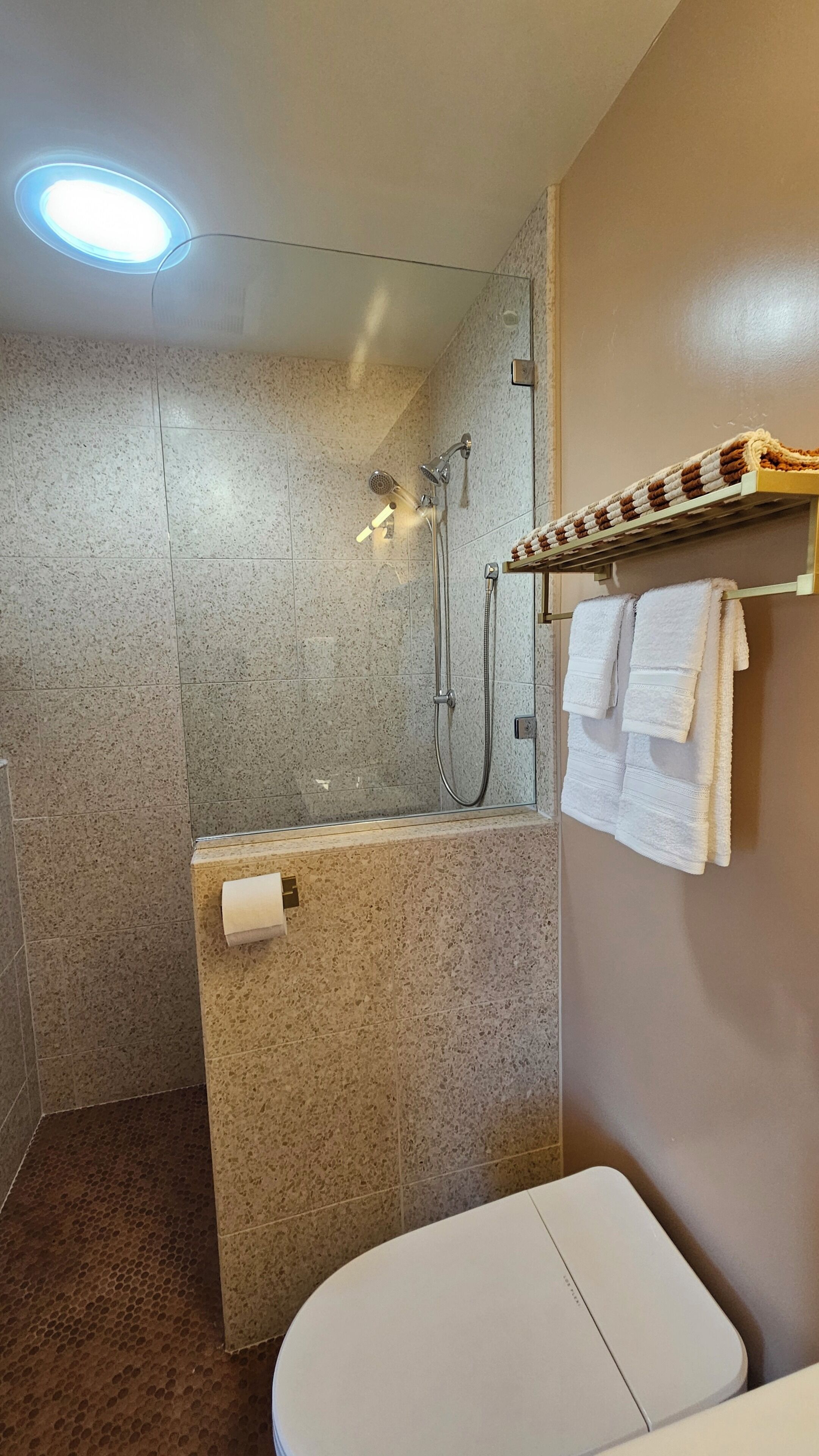 A shower area with a glass door, a towel rack with towels, and a toilet.
