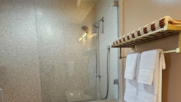 A shower area with a glass door, a towel rack with towels, and a toilet.