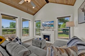 Smart TV, fireplace, books, stereo