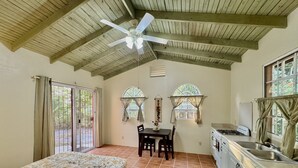 A room with a bed, a dining table with chairs, a kitchen area with a sink and stove, and two windows with curtains.
