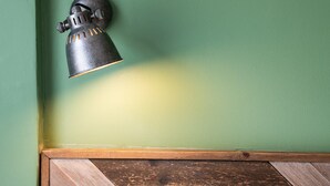 A wall-mounted lamp with a metallic finish against a green wall. - Central Part-Dieu - Apartment 1 (Lyon)