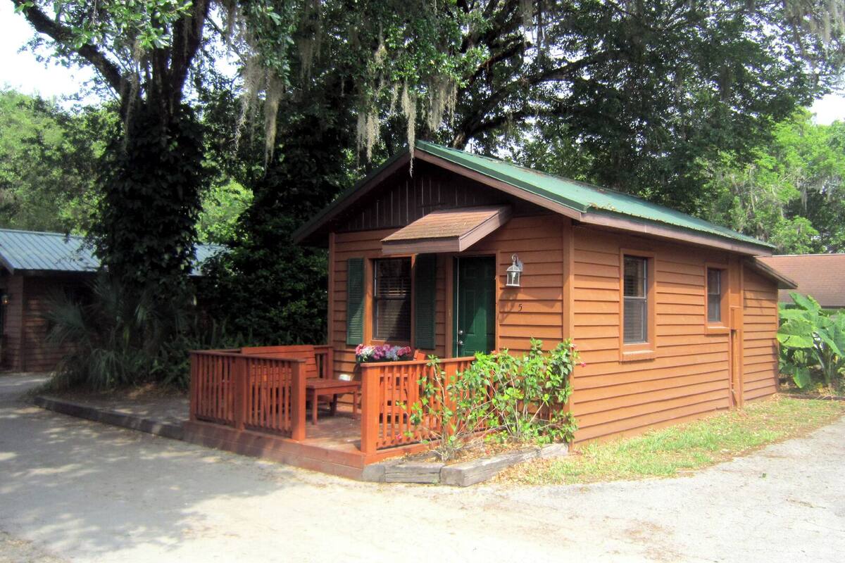 A small wooden cabin with a porch, a green door, and a number '5' on the side.