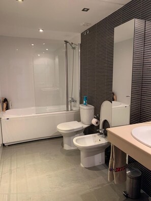 Ducha, bañera de hidromasaje, secador de pelo y bidé