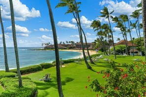 A resort with a beachfront view, palm trees, and a well-maintained lawn. - KP9 Beachfront Ocean View - AC • Pool • Modern (Koloa)