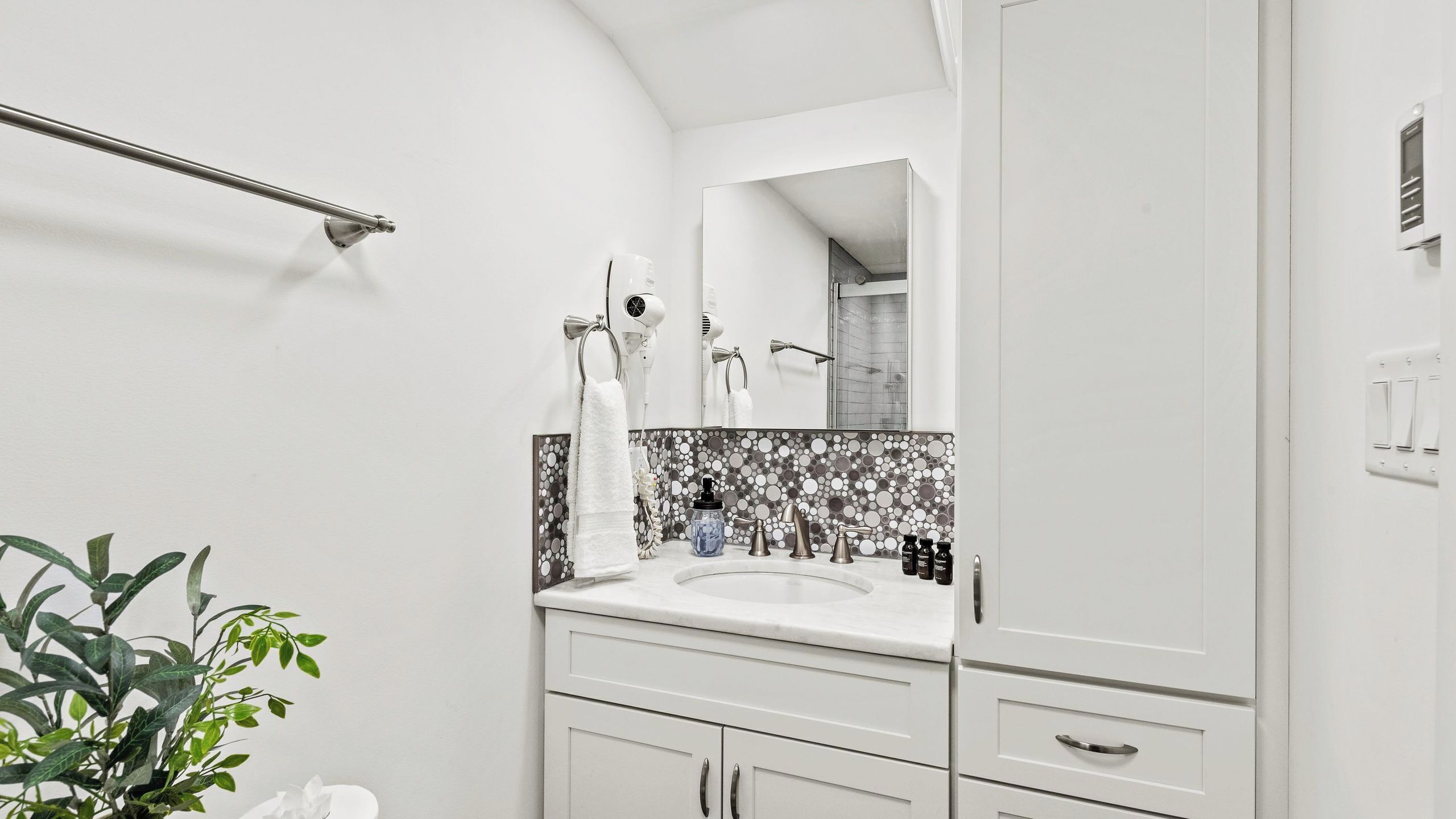 A bathroom with a white sink, a mirror, a towel rack, and a plant.