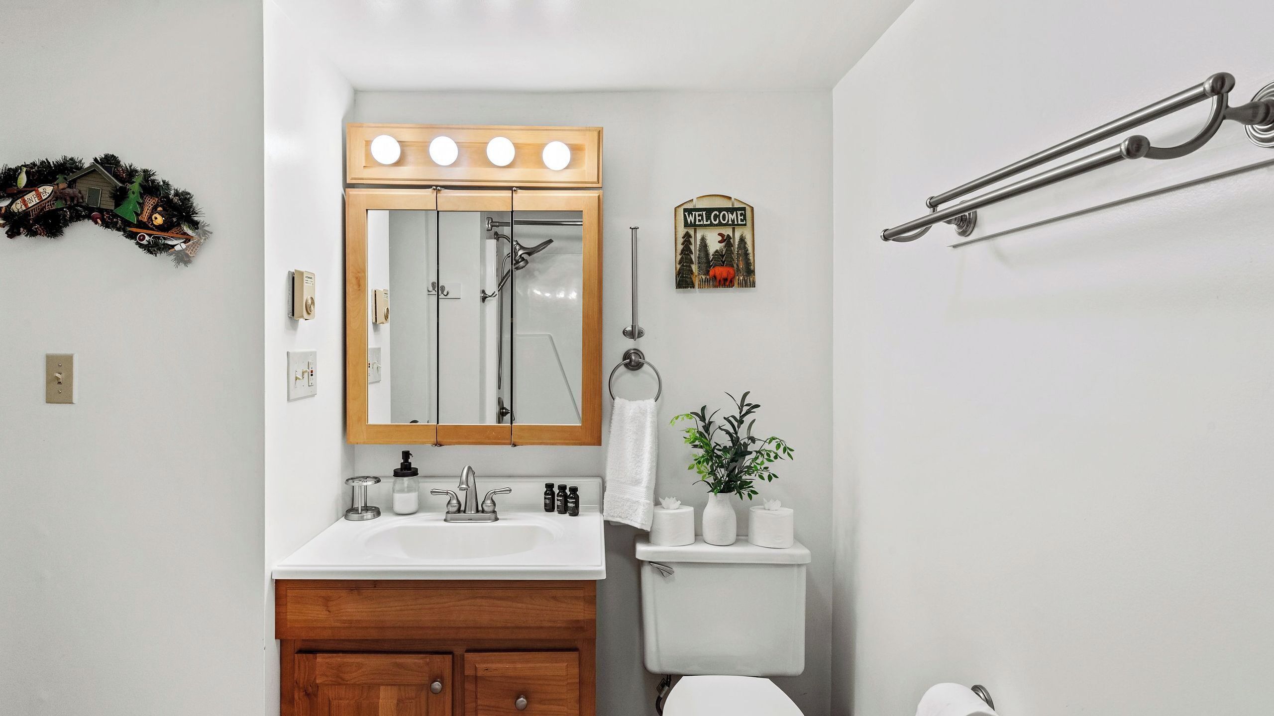 Une salle de bain avec un meuble-lavabo en bois, un grand miroir avec éclairage, des toilettes et un porte-serviettes.