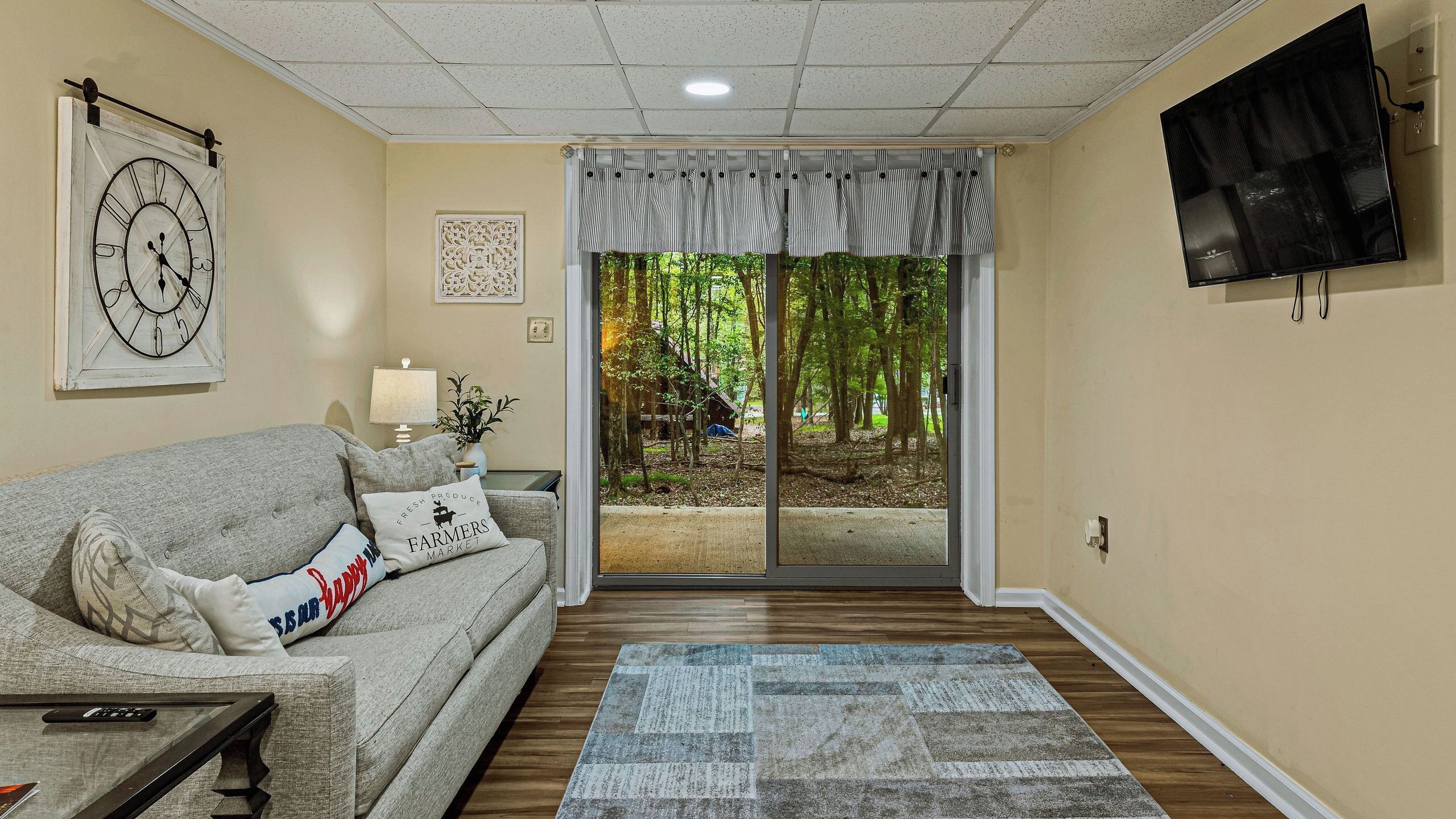 A living room with a couch, a clock, a TV, and a view of a forest through a sliding glass door.