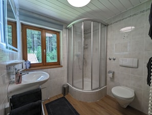 Hair dryer, towels, soap, shampoo