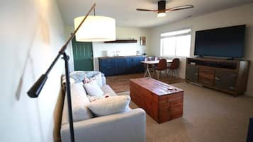 Smart TV, fireplace, video games, DVD player