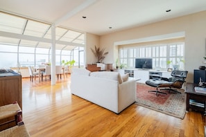 TV, caminetto, lettore DVD, libri