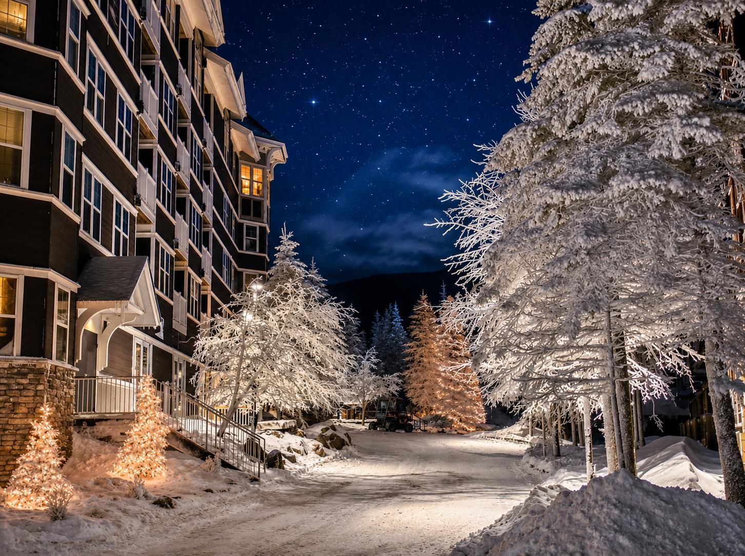 A snow-covered pathway leading to a building with multiple windows and balconies, surrounded by snow-laden trees.